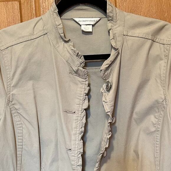 Fitted Ruffle Beige Khaki Jacket Clear Rhinestone Gem Button Up - Size M - Picture 12 of 15
